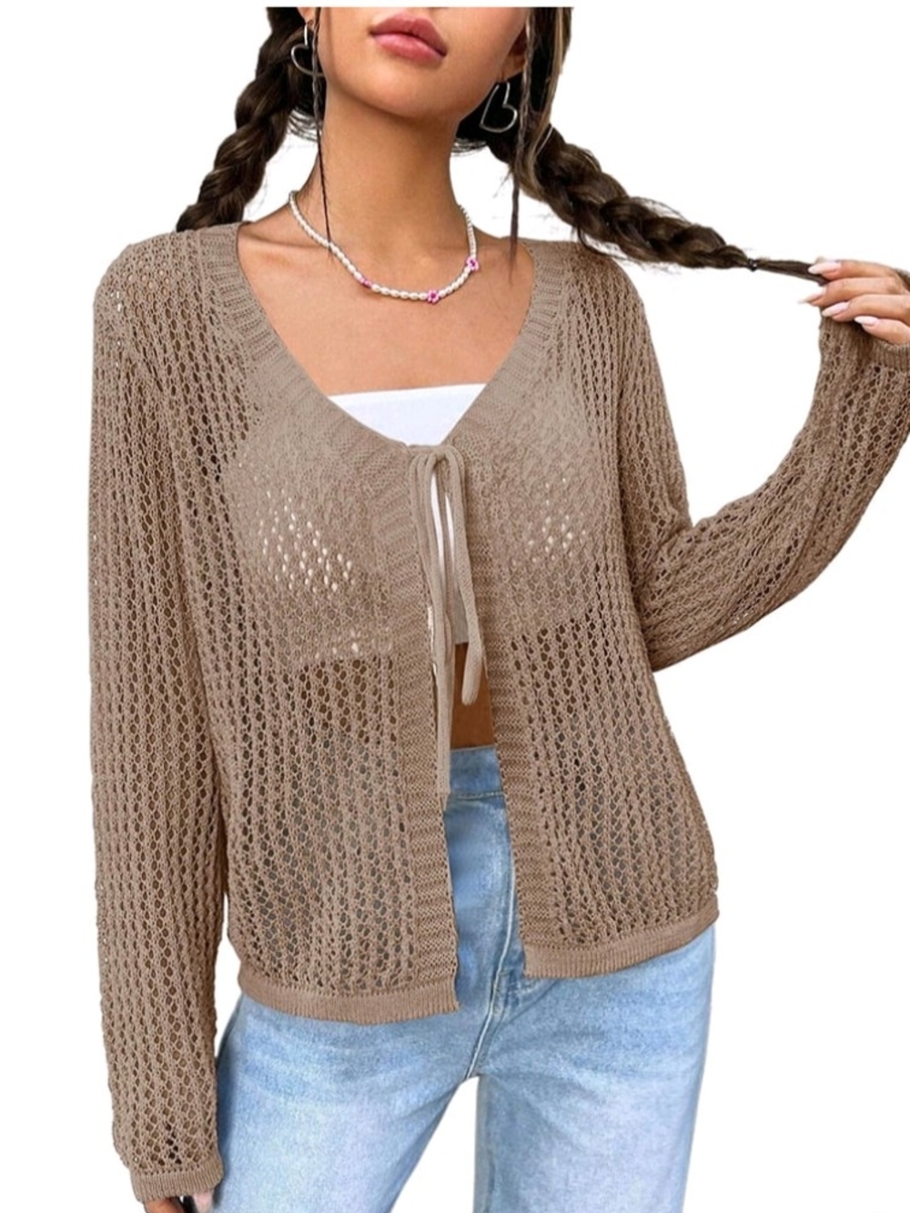 Yesfashion Womens Lightweight Crochet Cardigan Shrugs Knit Crop Tops Size Medium